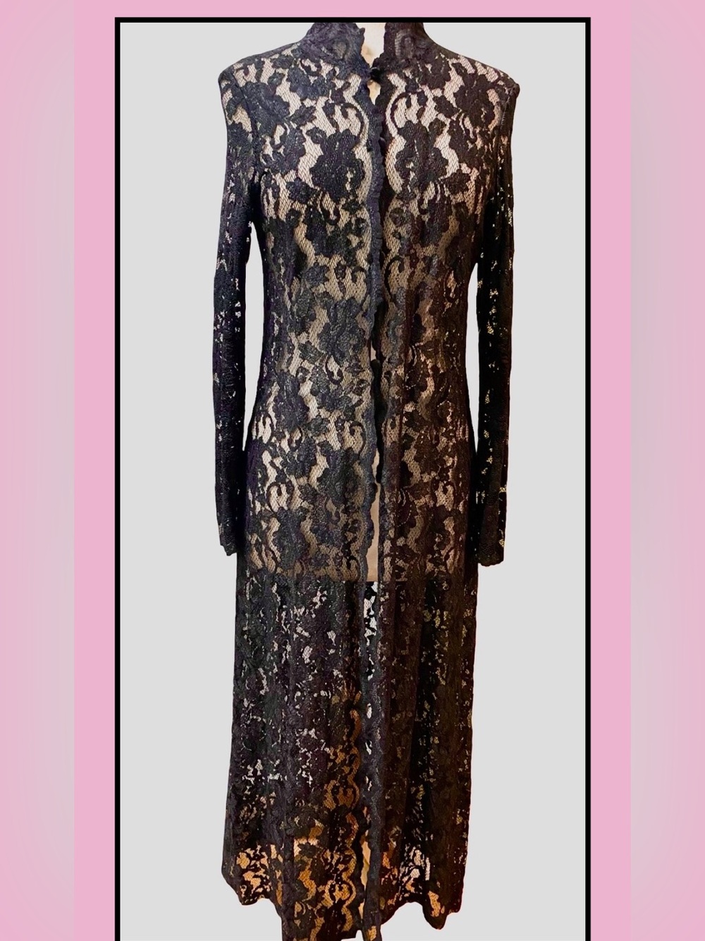 ASHLEE 2pc Black Stretch Lace Long Duster & Lined Pant Vintage Size M - Picture 11 of 11